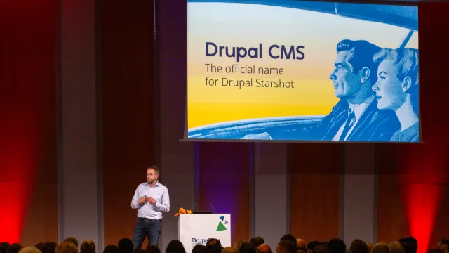 Dries Buytaert during his Driesnote in DrupalCon Barcelona 2024, talking about Drupal CMS