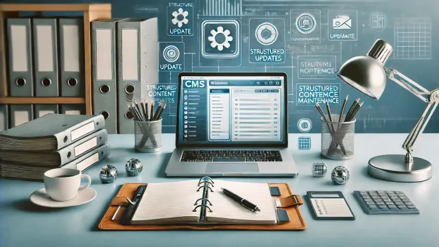 An AI generated image showing a desk, with a laptop running what seems to be updates to Drupal and related text