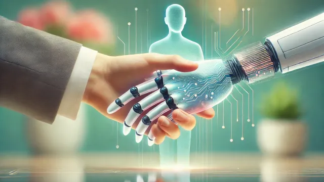 Image of a robot shaking hands with a human demonstrating responsible AI use