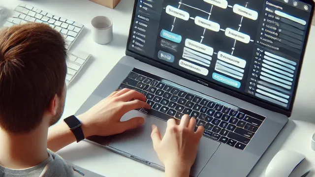 Person writing in a laptop creating a workflow