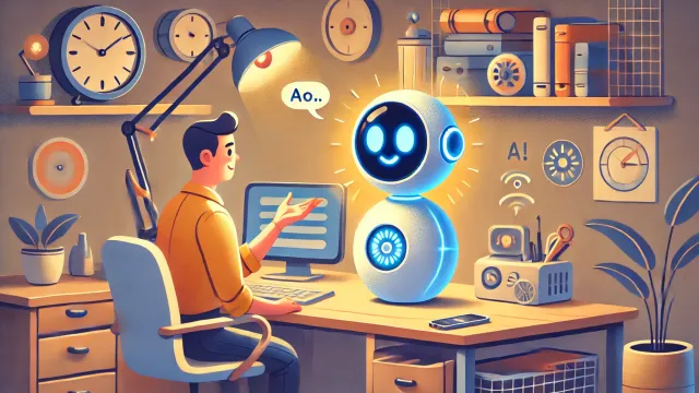 Cartoonish image showing a person talking to the AI