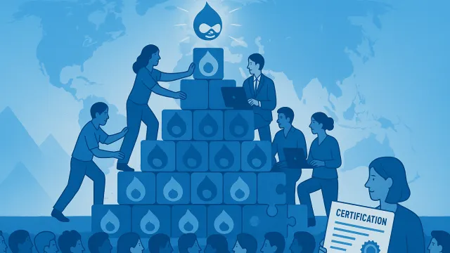 Shows the community building the Drupal ecosystem pyramid