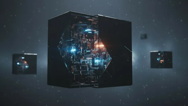 Opened black box revealing glowing technological infrastructure, with closed boxes in background