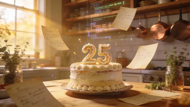 Drupal 25th anniversary celebration with code floating over a birthday cake representing modern