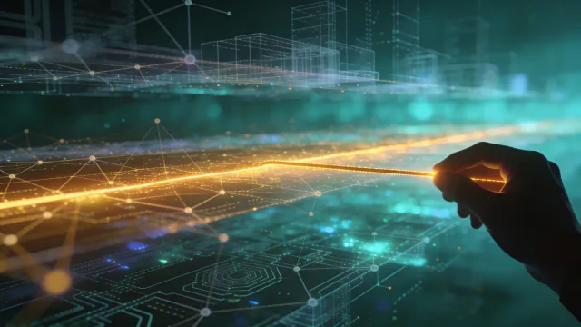 A hand draws a glowing warm-gold path through layered teal digital wireframes, illustrating an orchestration plan threading through complex AI tooling.