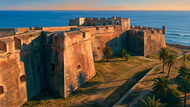 A centuries-old coastal stone fortification with intact bastion walls, the sea behind it.