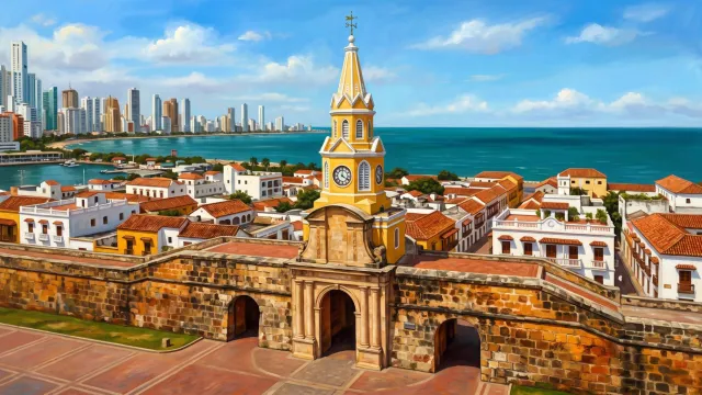 The clock tower gate of Cartagena's walled city, with the fortified wall, the bay, and modern towers on the horizon.