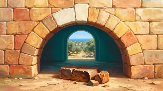 A stone archway with one new pale block replacing a stone at its crown, the old worn stone on the ground below.