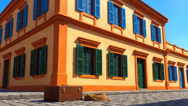Una caja de herramientas de madera cerrada y una cuerda enrollada sobre adoquines frente a un edificio colonial recién pintado.