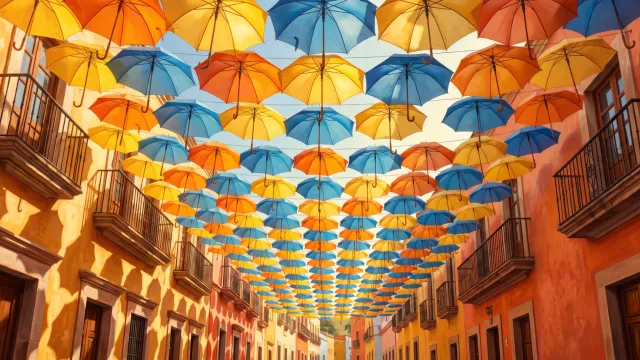 A narrow colonial street roofed over by hundreds of identical open umbrellas packed edge to edge.