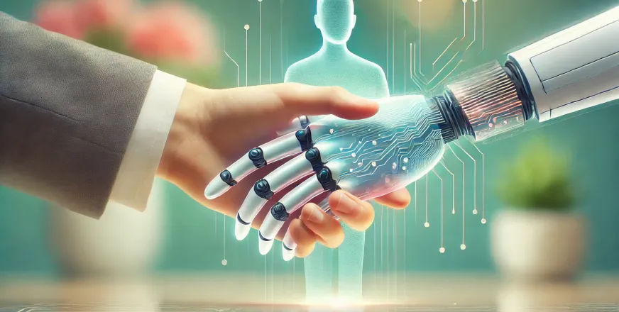 Image of a robot shaking hands with a human demonstrating responsible AI use