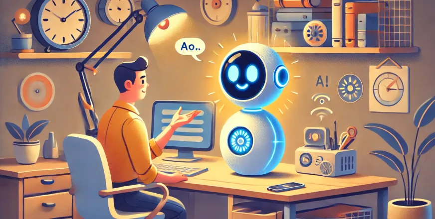 Cartoonish image showing a person talking to the AI