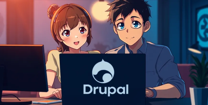 A couple working on a Drupal laptop