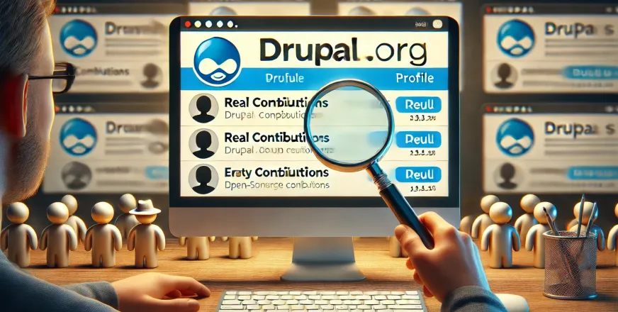 A person holding a magnifyin glass on a screen showing drupal.org