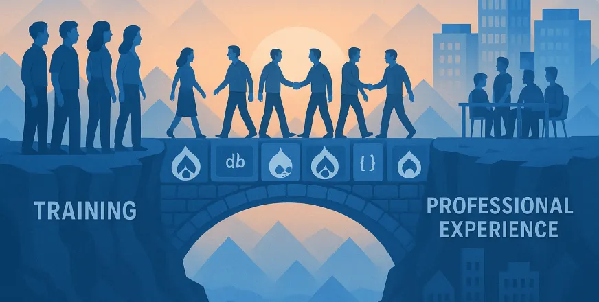 A digital illustration shows a symbolic bridge made of Drupal logos and code snippets connecting two cliffs. On the left cliff labeled “Training,” several people stand observing. On the right cliff labeled “Professional Experience,” office buildings and development teams are depicted. Mentors walk alongside individuals crossing the bridge. The scene is bathed in sunrise light, with pyramid-shaped mountains in the background, all using a Drupal blue color palette.