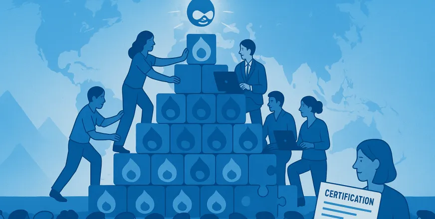 Shows the community building the Drupal ecosystem pyramid