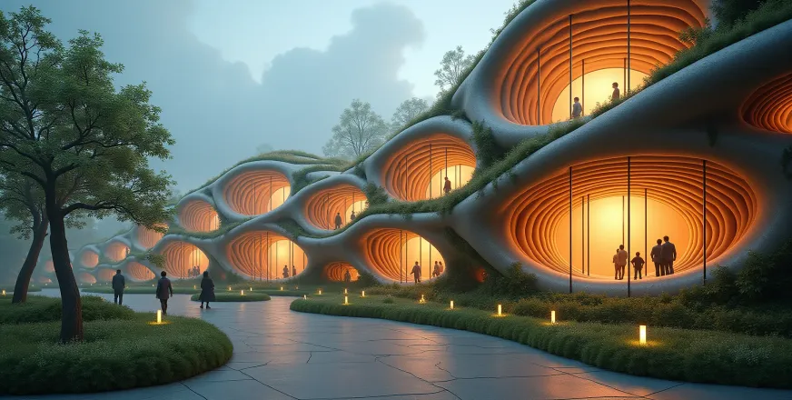 Organic architectural community pods with warm lighting showing people collaborating in sustainable development spaces