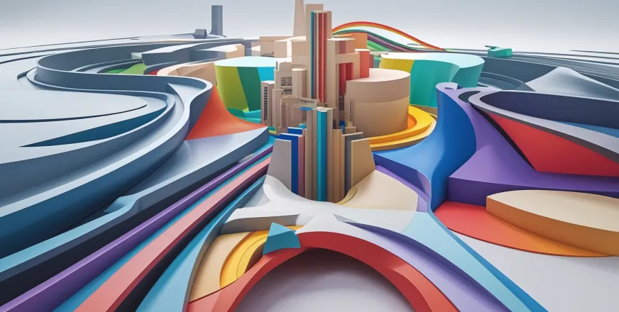 Colorful geometric streams converging into unified architectural structure, symbolizing global community collaboration