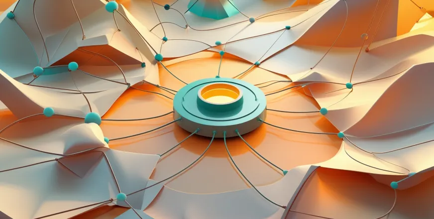 Abstract digital network with central orchestration hub connected to distributed nodes via flowing organic lines in warm amber orange and soft teal tones