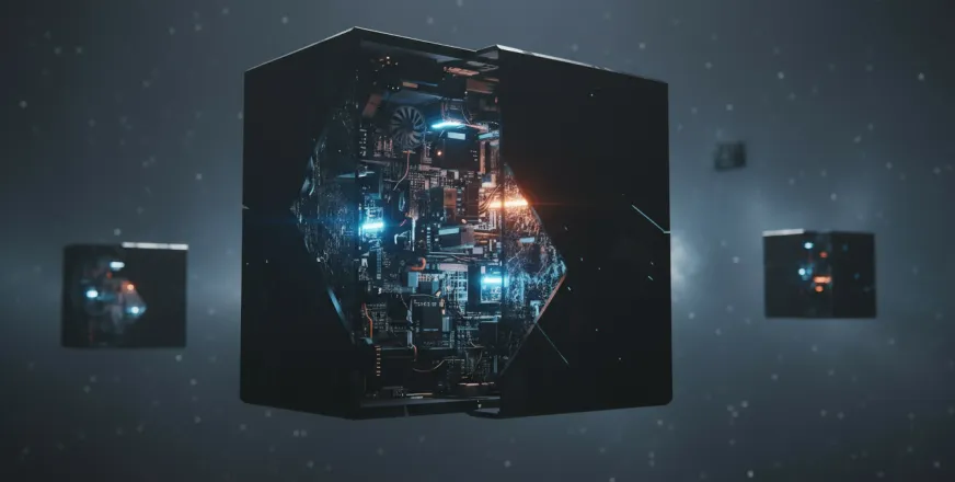 Opened black box revealing glowing technological infrastructure, with closed boxes in background