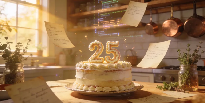 Drupal 25th anniversary celebration with code floating over a birthday cake representing modern