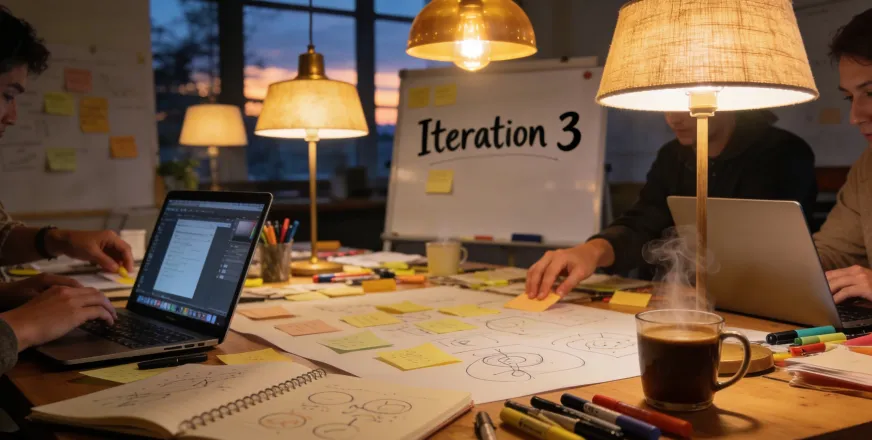 Development team collaborating around a workshop table with laptops, sticky notes, wireframe sketches, and coffee during an evening work session