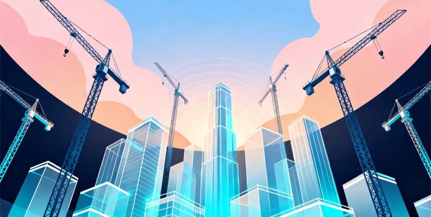 Construction cranes building glass skyscrapers from multiple directions against a colorful sky.