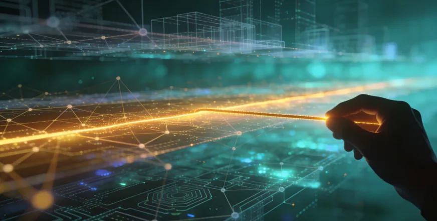 A hand draws a glowing warm-gold path through layered teal digital wireframes, illustrating an orchestration plan threading through complex AI tooling.